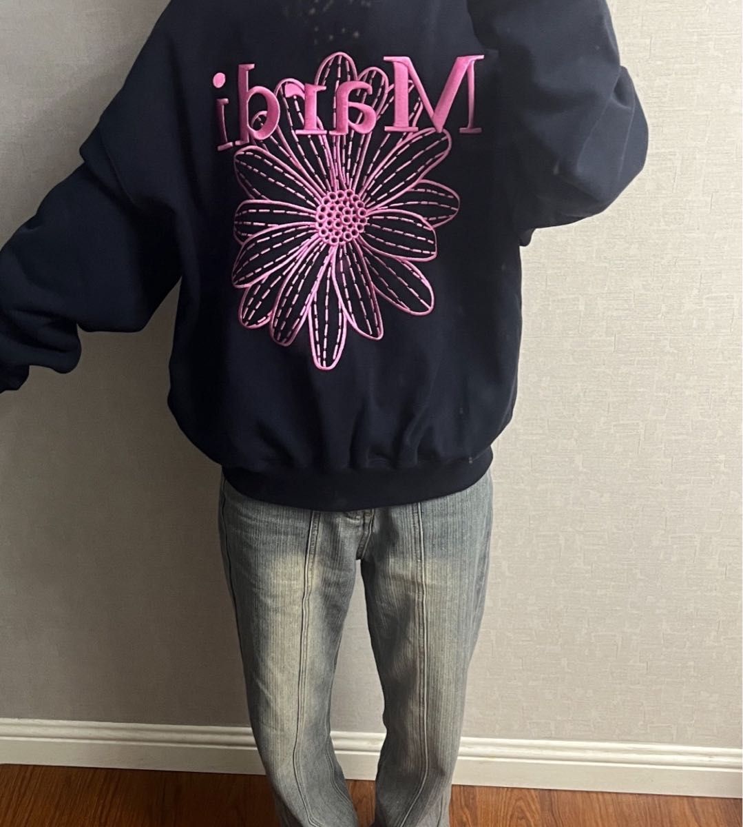 Mardi Mercredi トレーナー スウェット ネイビーピンク 刺繍 Mardi Mercredi トレーナー スウェット ネイビーピンク 刺繍