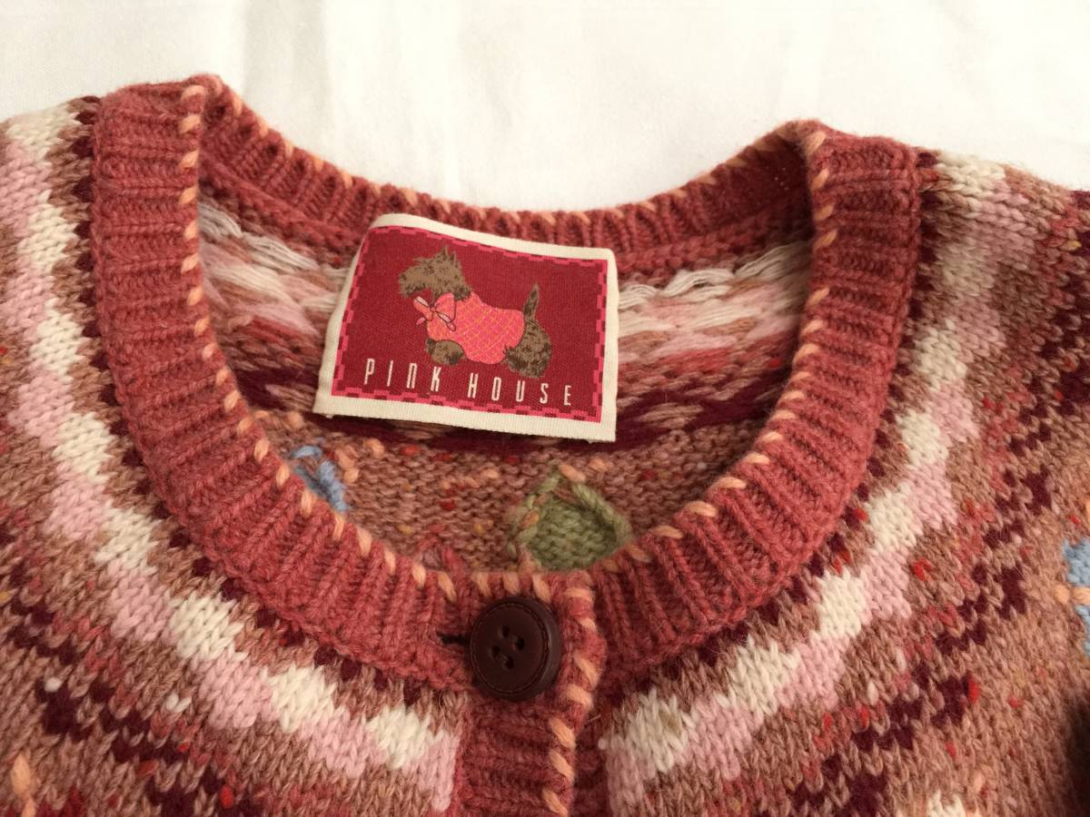 PINKHOUSE Pink House dog motif attaching knitted cardigan sweater lady's yoke car terrier shunau The - tops wool wool red 