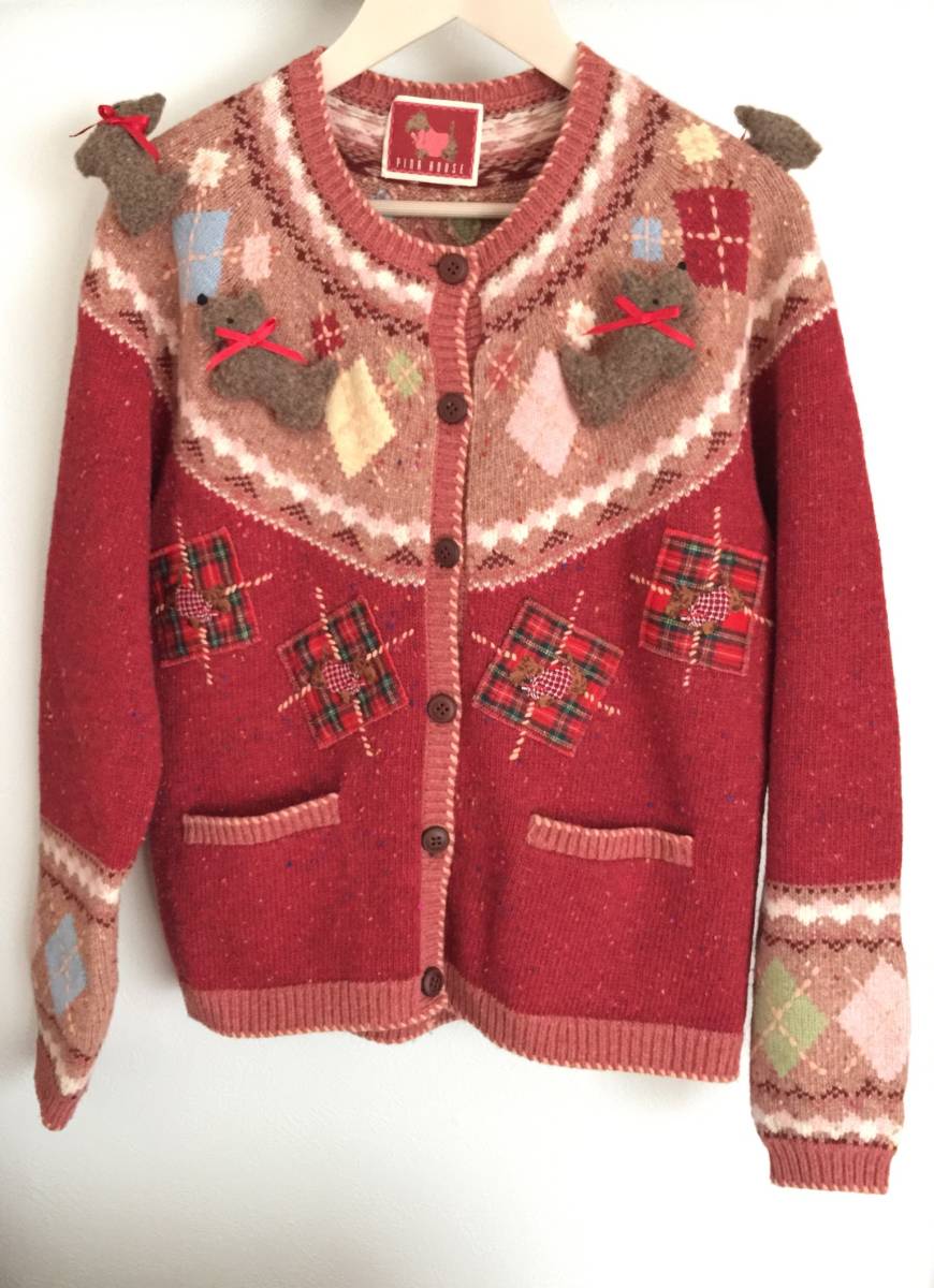 PINKHOUSE Pink House dog motif attaching knitted cardigan sweater lady's yoke car terrier shunau The - tops wool wool red 