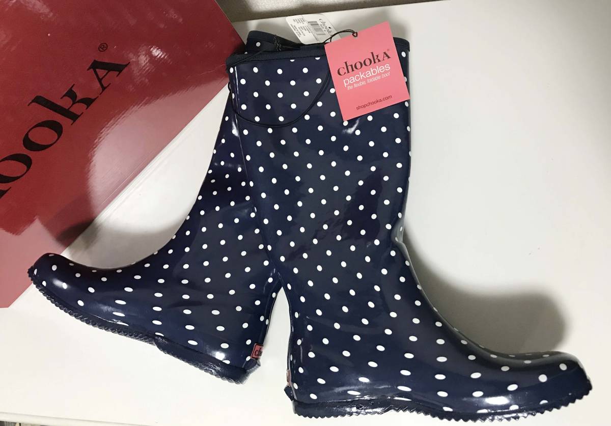 新品 ★ チューカ レインブーツ 23cm ネイビー ドット 折りたたみ 収納袋付き chookA レインシューズ Classic Dot Packable コストコ_画像1