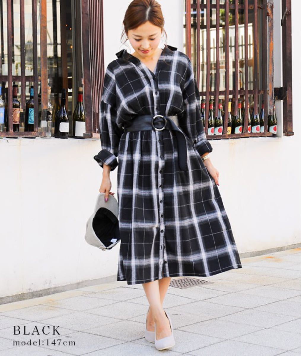 Paypayフリマ チェック柄ロングワンピ ウエストシャーリング チェックロングシャツワンピース