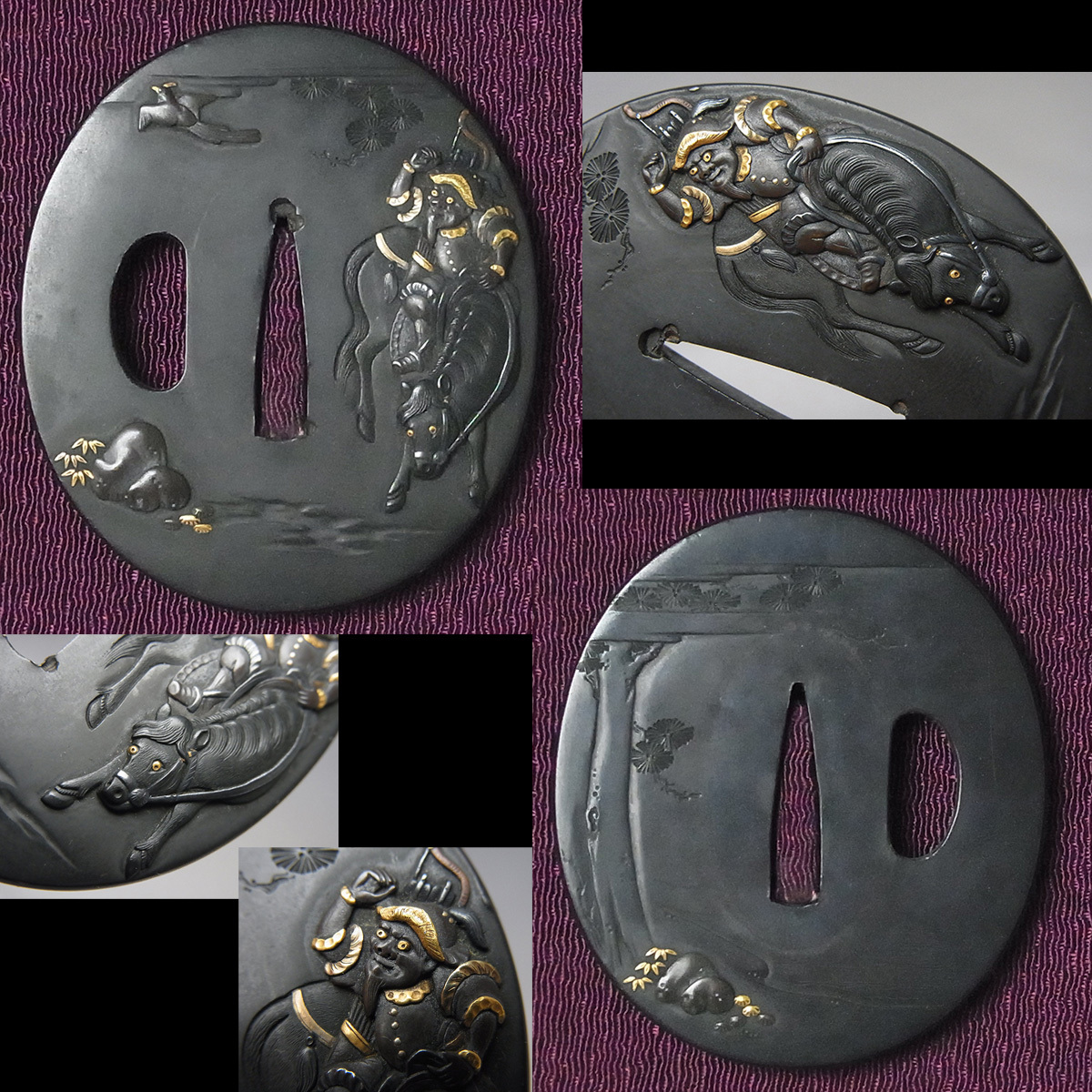 変わり十手武具赤銅魚子地色絵龍虎高彫象嵌鐵地飛竜透鍔目貫高彫 変わり十手武具赤銅魚子地色絵龍虎高彫象嵌鐵地飛竜透鍔目貫高彫