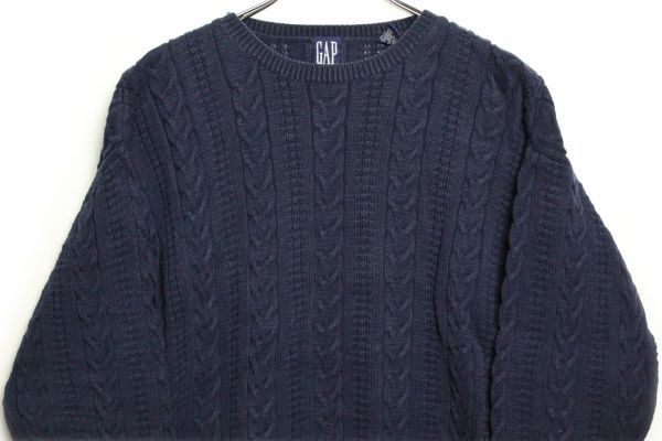 90's ギャップ GAP クルーネック ケーブル編み コットンニット セーター 紺 (M) ネイビー 90年代 旧タグ オールド