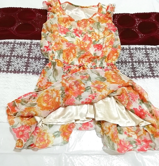 オレンジ赤緑白シフォン段フリルネグリジェノースリーブチュニックワンピース Orange red green white chiffon negligee tunic dress