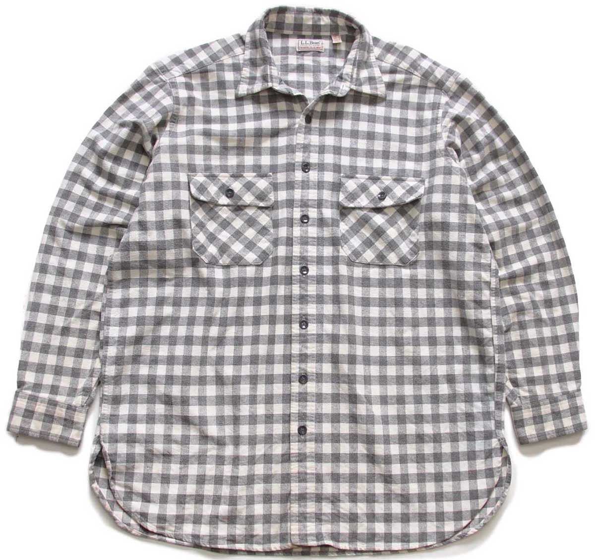 ★80s USA製 L.L.Bean CHAMOIS CLOTH SHIRT ギンガムチェック コットン シャモアクロスシャツ グレー×白 17T★ビンテージ ビッグサイズ