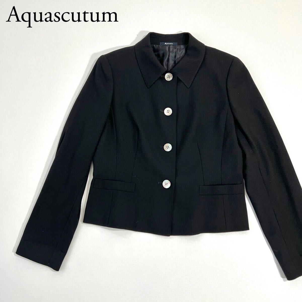 美品 Aquascutum アクアスキュータム ステンカラージャケット ブラック　ロゴボタン　シンプル アウター　トップス レディース