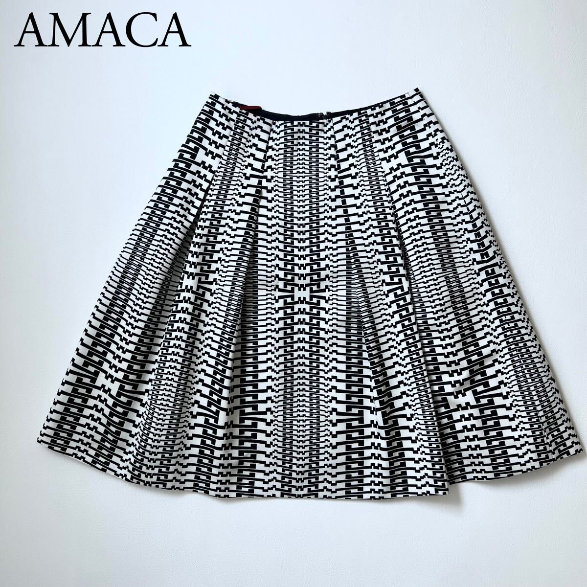 美品 AMACA アマカ フレアスカート ボックスプリーツスカート 膝丈　膝下丈　総柄　36 レディース