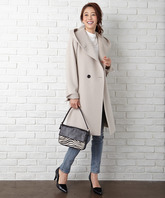 美品 23區(qū) オンワード樫山 ★ 上質(zhì)生地 定番 2way フード付き コート 40 グレージュ ロングコート 大きい ハンドステッチ