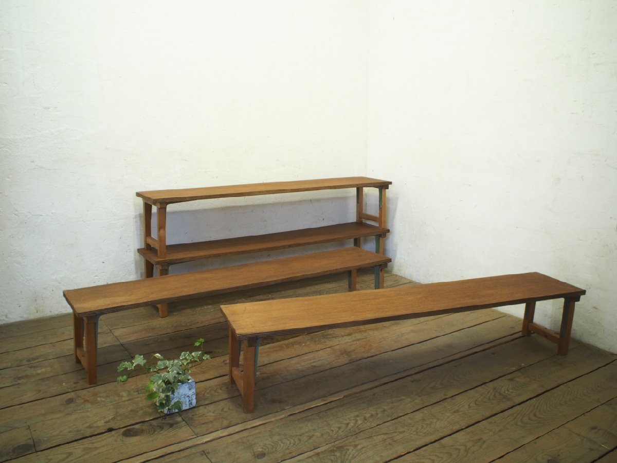 タ荷R0212◆①天板W150cm×D30,5cm◆4台セット◆レトロな古い木製長テーブル◆デスク 机 展示台 飾り棚 ヴィンテージ 古家具R(ヤD)松