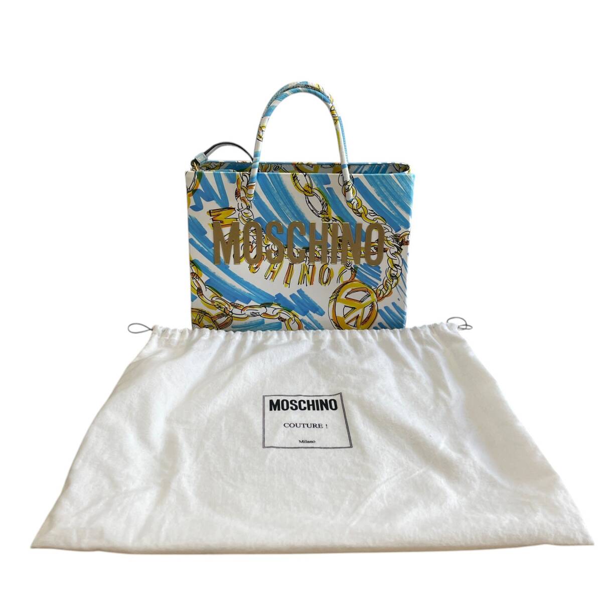 ◆中古品◆ MOSCHINO モスキーノ ハンドバッグ ショルダーバッグ 2WAY ブルー系 プリント総柄 保存袋有 V79659NA