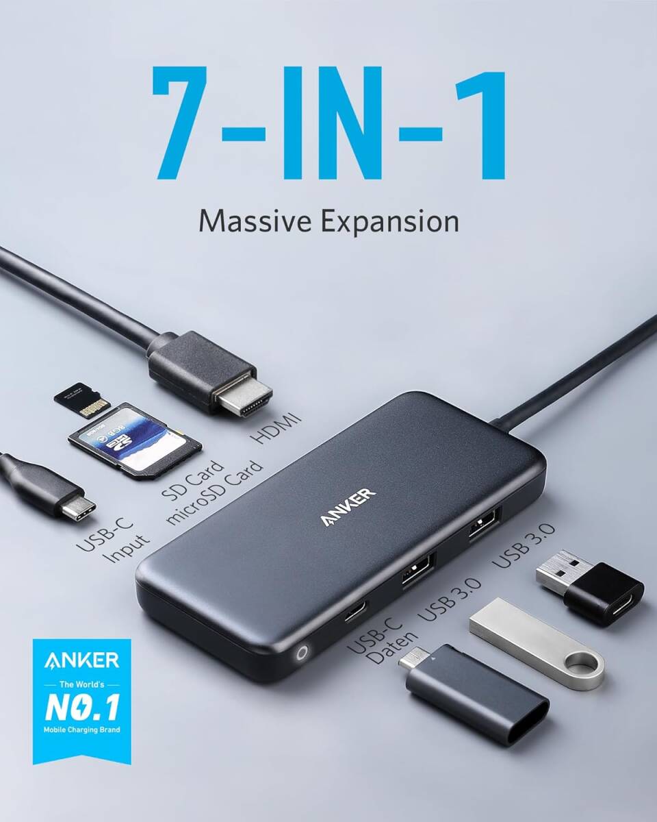 ★Anker(アンカー) A8346 PowerExpand+ 7-in-1 USB-C ハブ / 4K HDMI 100W電源供給 USB-C&USB-A 5Gbpsデータポート2口 