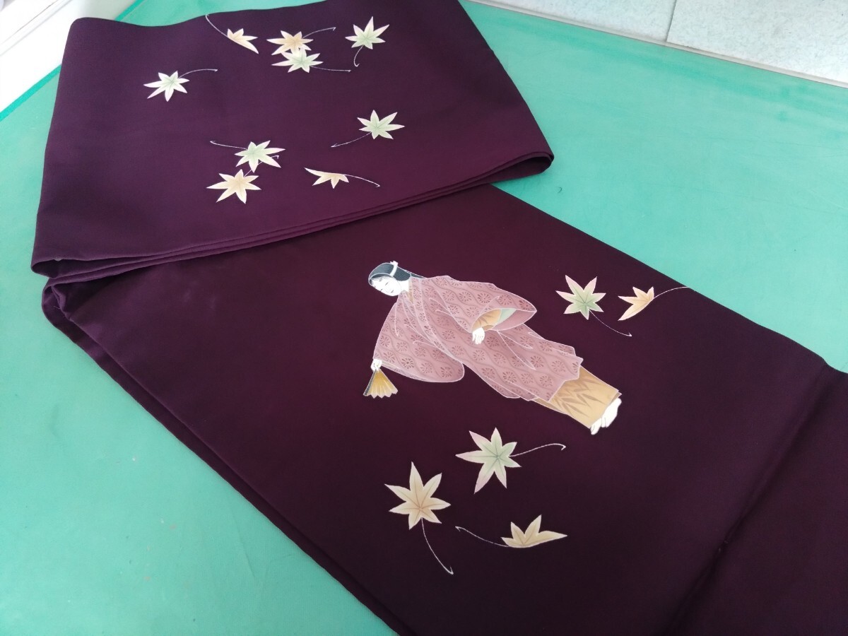 ● 絶品！ 希少 貴重 能面 女面 立ち姿 着物 舞 人物 紅葉 一重 帯 紫 存在感抜群 変わり帯 アンティーク レトロ 帯 中古 ③