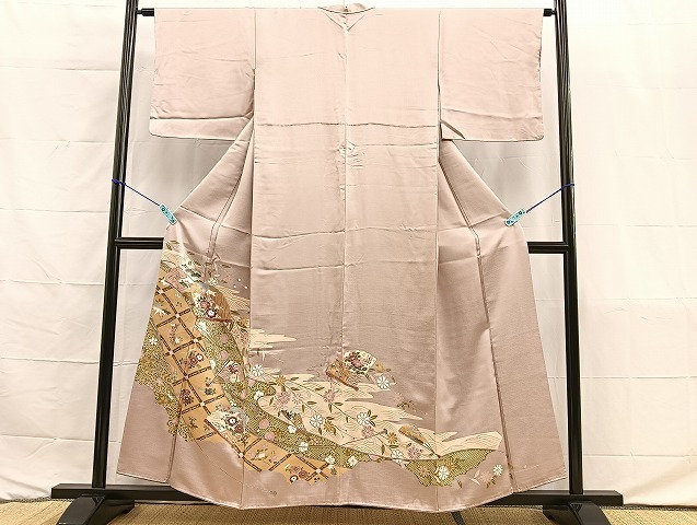 平和屋着物■豪華色留袖　扇面格子吉祥花文　金彩　正絹　逸品　BAAL1570ph