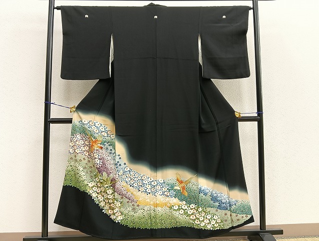 平和屋着物●豪華黒留袖　友禅　刺繍　鳳凰草花文　暈し染め　金糸　正絹　逸品　BAAK7414me