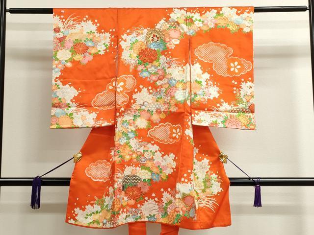 平和屋着物■女の子　祝着　産着　初着　のしめ　お宮詣り　駒刺繍　雲取り鼓草花文　金彩　逸品　CAAI4239ze