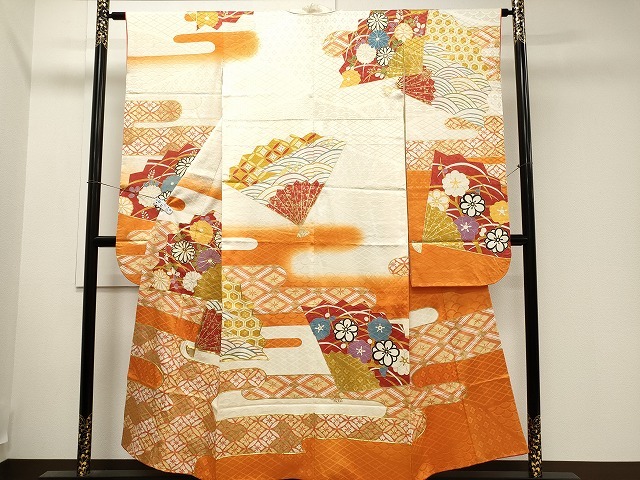 平和屋着物■豪華振袖　駒刺繍　檜扇エ霞草花文　暈し染め　金彩　逸品　CAAI7038ev