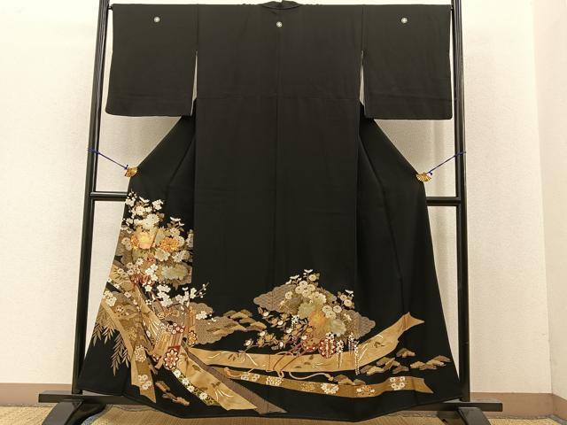 平和屋着物■豪華黒留袖　熨斗吉祥花車文　金彩　正絹　逸品　BAAL7639ph