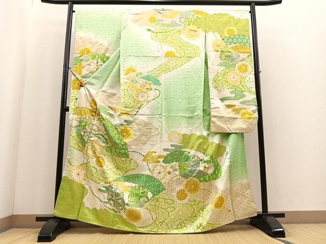 平和屋着物■豪華振袖　駒刺繍　地紙貝桶花文　暈し染め　金彩　正絹　逸品　BAAL6605my