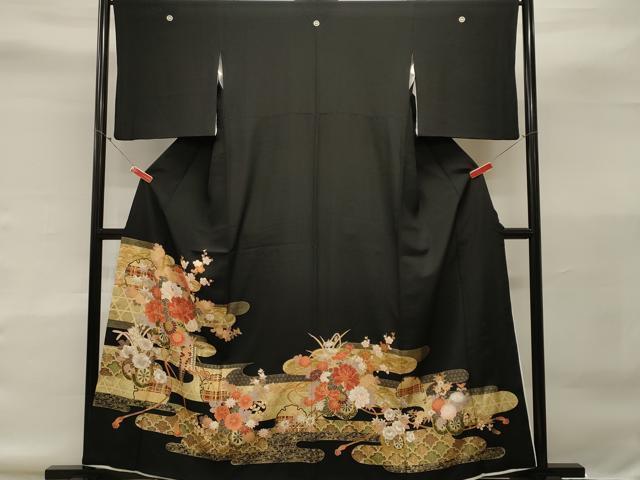 平和屋着物■豪華黒留袖　駒刺繍　エ霞花車文　金彩　正絹　逸品　CAAJ7949ch