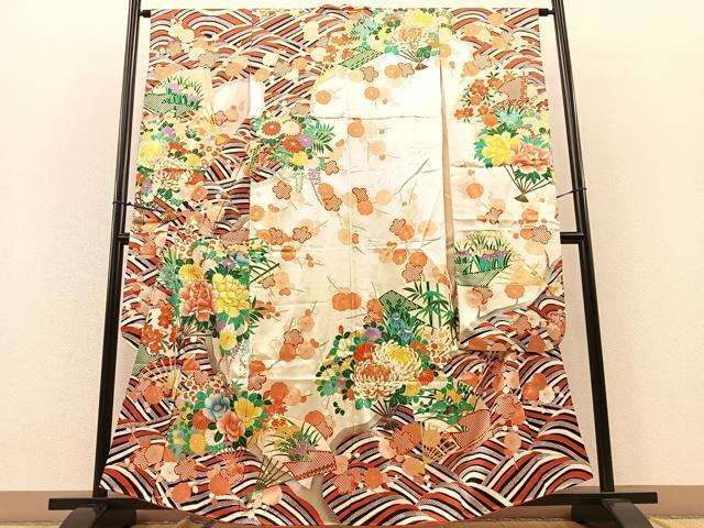 平和屋着物■豪華振袖　駒刺繍　流水扇面草花文　金彩　正絹　逸品　BAAL5422ow