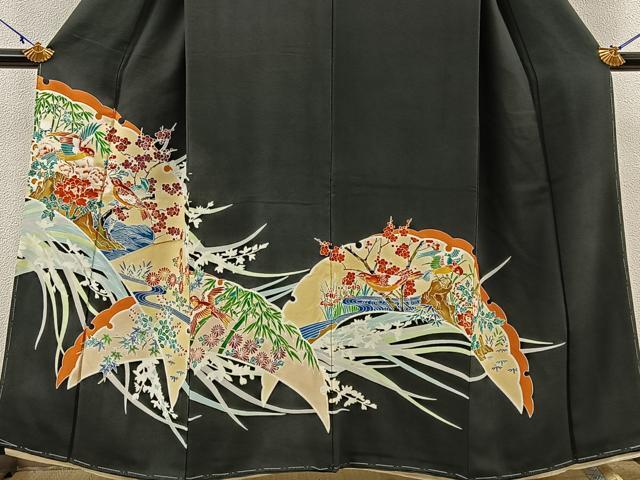 平和屋着物■豪華黒留袖　雪芝休み鳥花文　正絹　逸品　BAAL1671hj