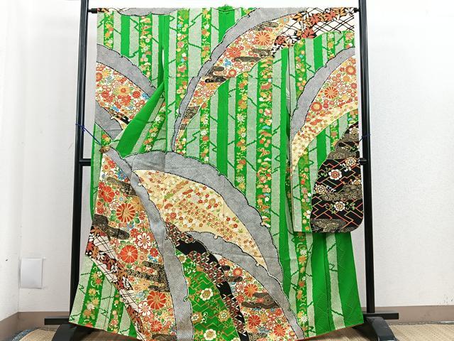 平和屋着物■豪華振袖　駒刺繍　雪芝花文　金彩　正絹　逸品　BAAL8337pm