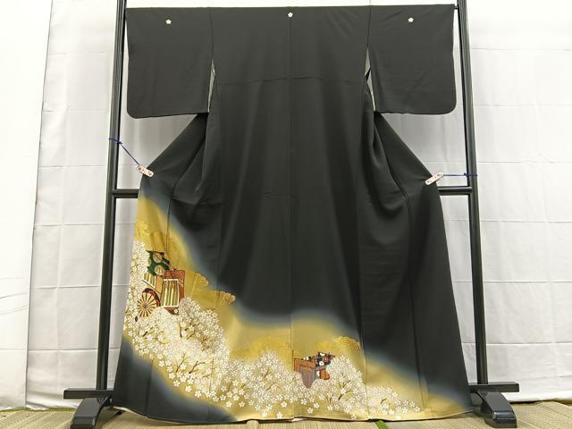 平和屋着物■豪華黒留袖　駒刺繍　御所車花文　暈し染め　金彩　正絹　逸品　BAAK8577fc