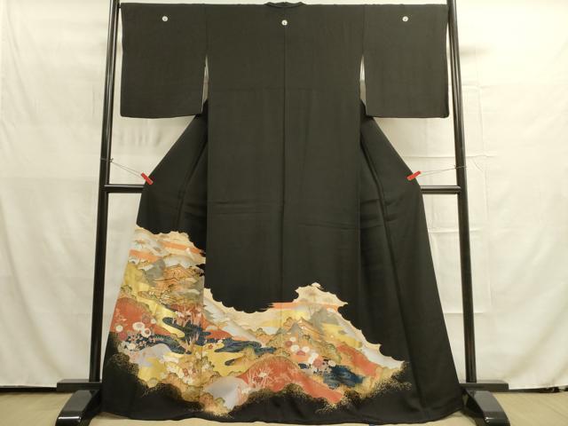 平和屋着物■豪華黒留袖　風景渡橋花文　金彩　正絹　逸品　DAAI4401yyy