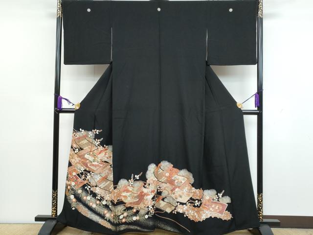 平和屋着物■豪華黒留袖　駒刺繍　絵巻花文　金銀彩　正絹　逸品　CAAK0469fb