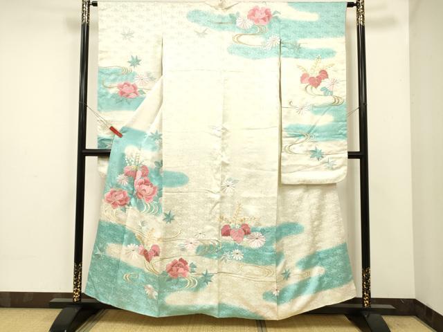平和屋着物■豪華振袖　刺繍　流水草花文　暈し染め　金銀糸　正絹　逸品　DAAJ8135cm