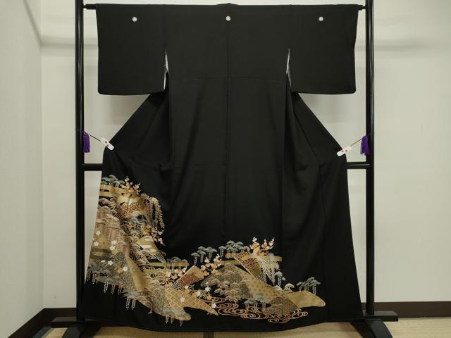 平和屋着物■豪華黒留袖　駒刺繍　鳳凰扇面枝花文　金銀彩　正絹　逸品　CAAI4800in