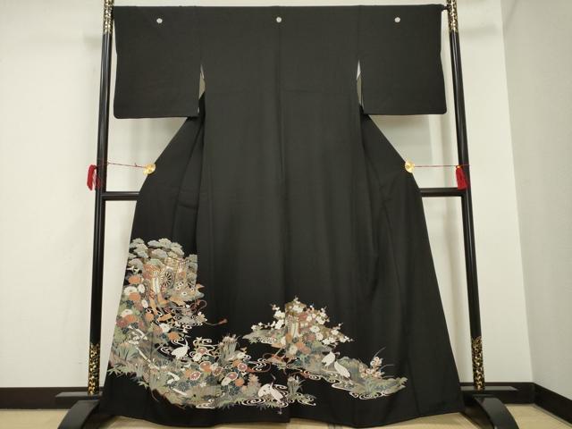 平和屋着物■豪華黒留袖　駒刺繍　御所車花文　鶴　金彩　正絹　逸品　AAAL8489ck