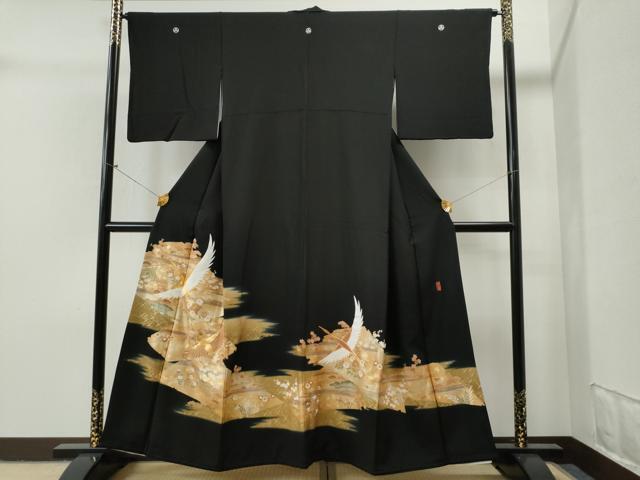 平和屋着物■豪華黒留袖　作家物　駒刺繍　霞飛鶴草花文　金彩　正絹　逸品　CAAJ2764yc