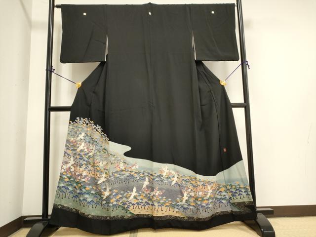 平和屋着物■豪華黒留袖　友禅　作家物　飛鶴花松文　正絹　逸品　DAAI2830ox