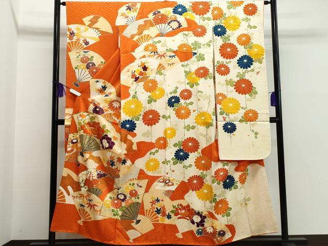 平和屋着物■豪華振袖　駒刺繍　扇面草花文　金彩　正絹　逸品　CAAJ5777vf