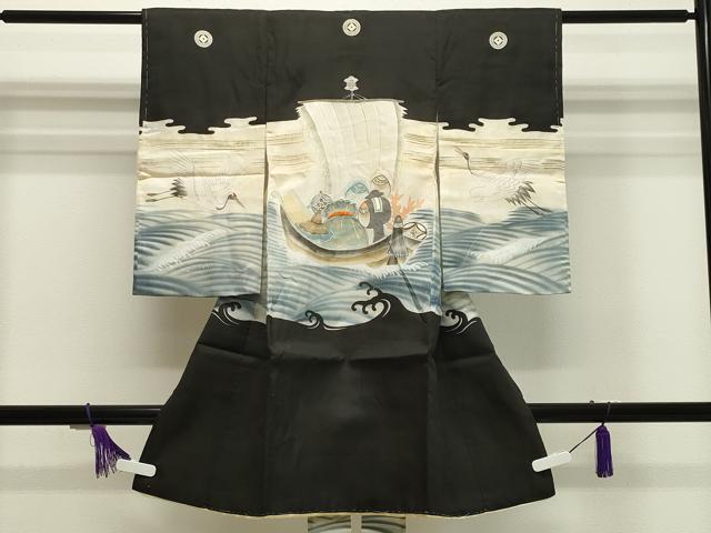 平和屋着物■男の子　祝着　産着　初着　のしめ　お宮詣り　手描き　刺繍　飛鶴宝船文　逸品　CAAH8647gh