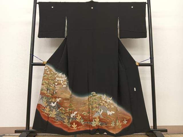 平和屋着物■豪華黒留袖　作家物　駒刺繍　雲取り飛鶴風景文　暈し染め　金彩　正絹　逸品　BAAM1232sa