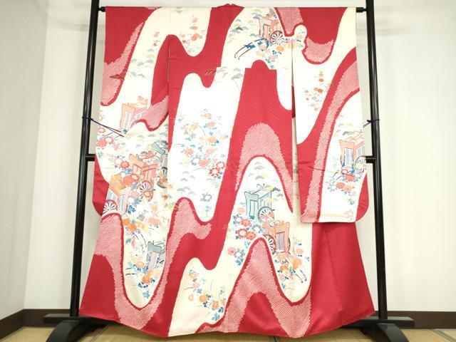 平和屋着物■豪華振袖　駒刺繍　御所車花文　金彩　正絹　逸品　DAAI8963az