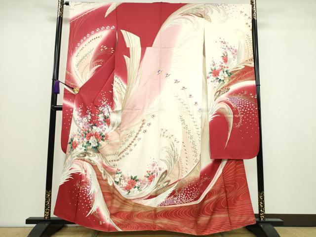 平和屋着物■豪華振袖　流水孔雀羽花文　暈し染め　金彩　正絹　逸品　CAAJ5532ng