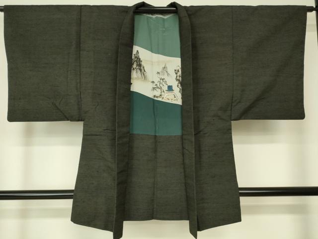 平和屋着物■男性　羽織　紬　暗黒色　正絹　逸品　DAAK9016cm