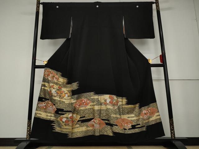 平和屋着物■豪華黒留袖　駒刺繍　草花地紙文　金彩　正絹　逸品　AAAN2083cg