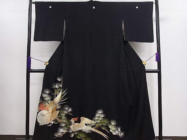 平和屋着物■豪華黒留袖　総刺繍　尾長鳥松文　金銀糸　逸品　CAAB6329ze