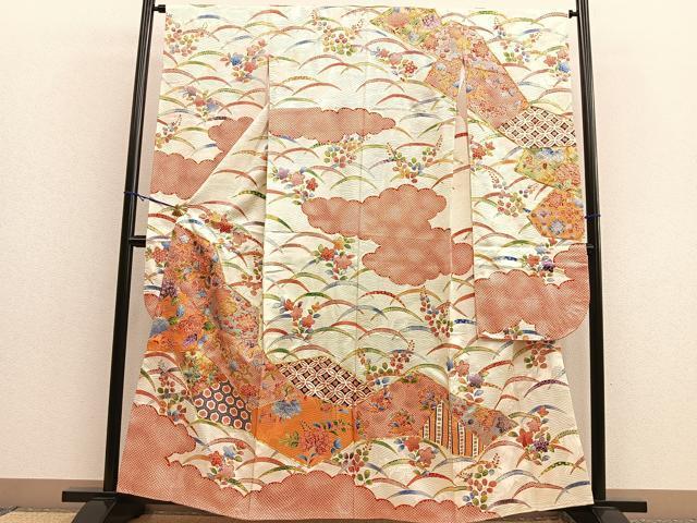 平和屋着物■豪華振袖　駒刺繍　切嵌鹿の子芝草花文　金彩　三越扱い　正絹　逸品　BAAM0926gt