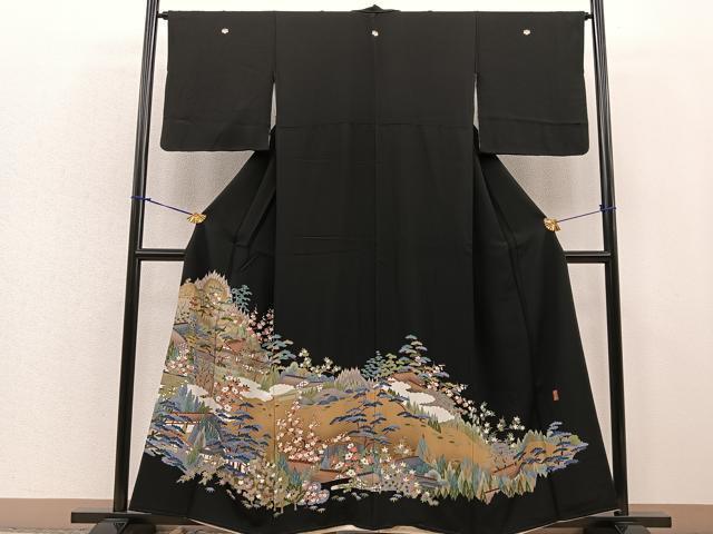 平和屋着物■豪華黒留袖　友禅　作家物　松竹梅　風景花文　正絹　逸品　BAAM0973gt