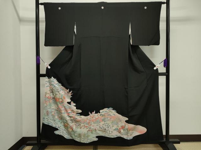 平和屋着物■豪華黒留袖　駒刺繍　風景文　正絹　逸品　CAAI4772in
