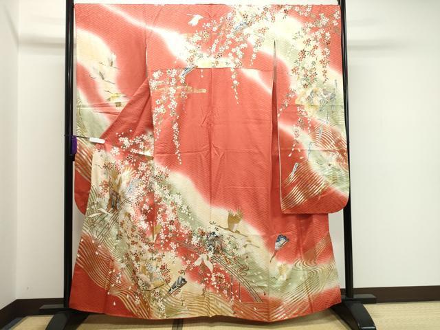 平和屋着物■豪華振袖　駒刺繍　渡り橋御所車飛鶴花文　暈し染め　金銀彩　正絹　逸品　CAAH8758gh