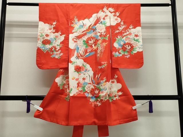 平和屋着物■女の子　祝着　産着　初着　のしめ　お宮詣り　駒刺繍　雲取り渡り橋飛鶴花文　金彩　逸品　CAAH8659gh