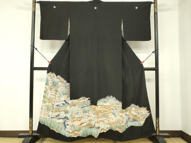 平和屋着物■豪華黒留袖　駒刺繍　風景文　暈し染め　金彩　正絹　逸品　DAAK1468tw