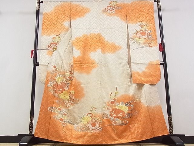 平和屋着物■豪華振袖　刺繍　流水草花文　暈し染め　金銀糸　金彩　着丈162cm　裄丈64cm　正絹　逸品　A-zi4355