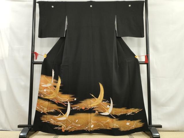平和屋着物■豪華黒留袖　駒刺繍　飛鶴吹き寄せ花文　金彩　正絹　逸品　AAAN9424cs